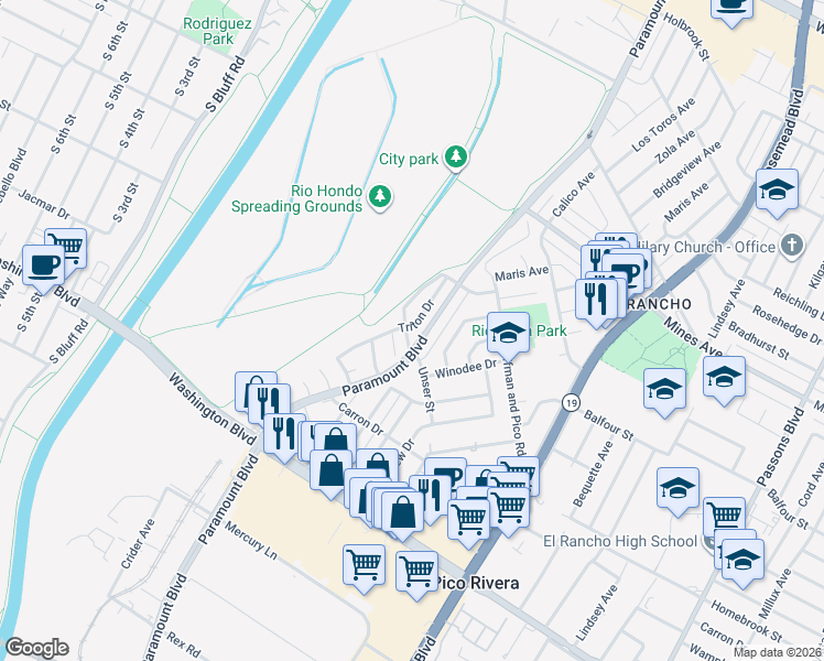 map of restaurants, bars, coffee shops, grocery stores, and more near 6430 Silverette Drive in Pico Rivera