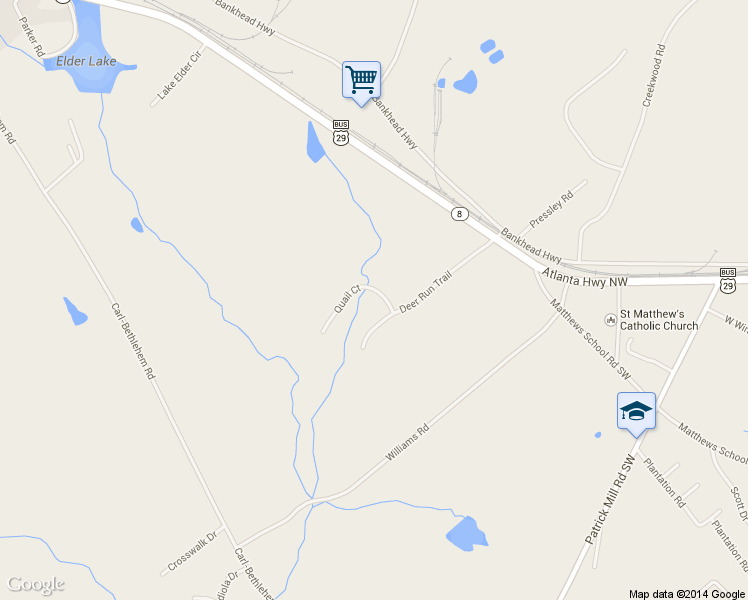 map of restaurants, bars, coffee shops, grocery stores, and more near 18 Quail Court in Winder