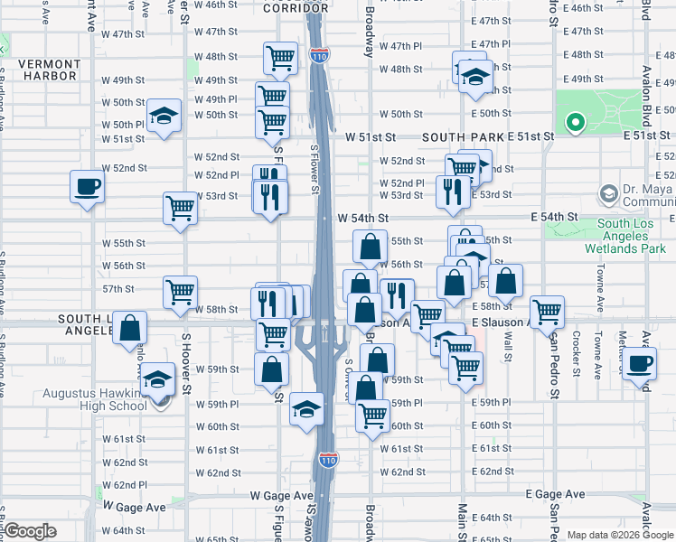 map of restaurants, bars, coffee shops, grocery stores, and more near 342 West 56th Street in Los Angeles