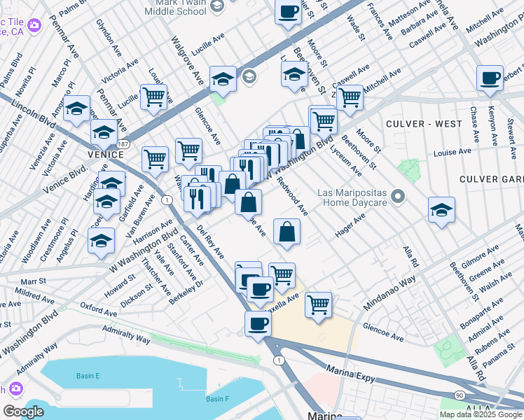 map of restaurants, bars, coffee shops, grocery stores, and more near 13352 Beach Avenue in Marina del Rey