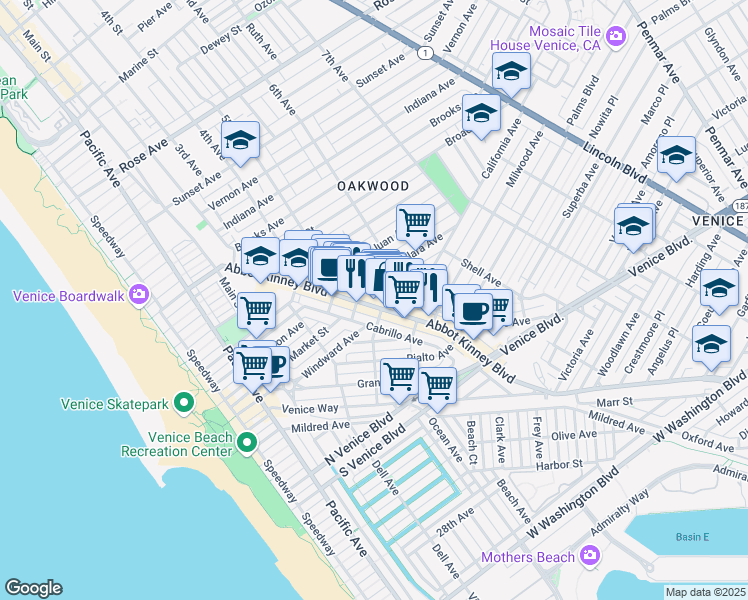 map of restaurants, bars, coffee shops, grocery stores, and more near 1322 Electric Avenue in Los Angeles