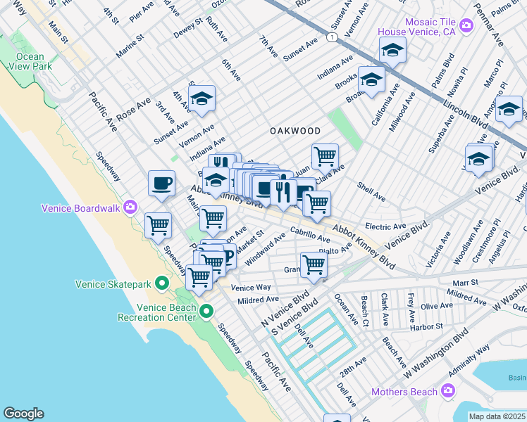 map of restaurants, bars, coffee shops, grocery stores, and more near 1118 Abbot Kinney Boulevard in Los Angeles