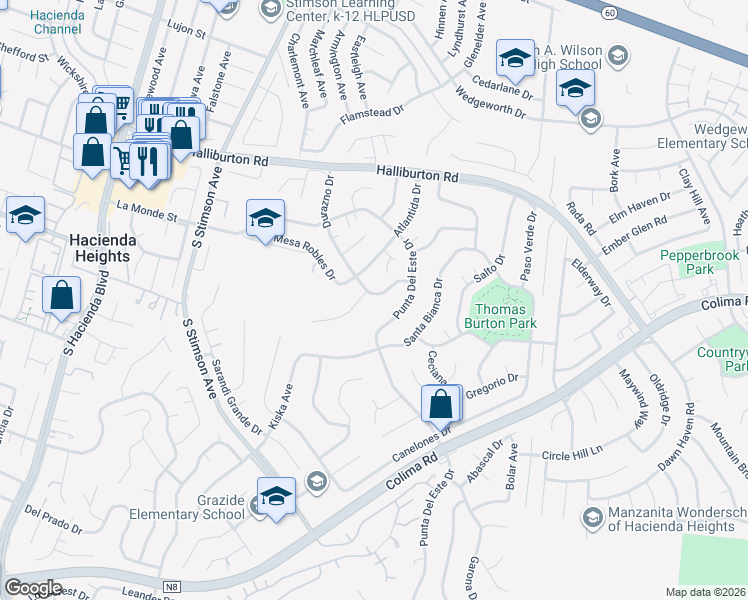 map of restaurants, bars, coffee shops, grocery stores, and more near 2137 Durazno Drive in Hacienda Heights