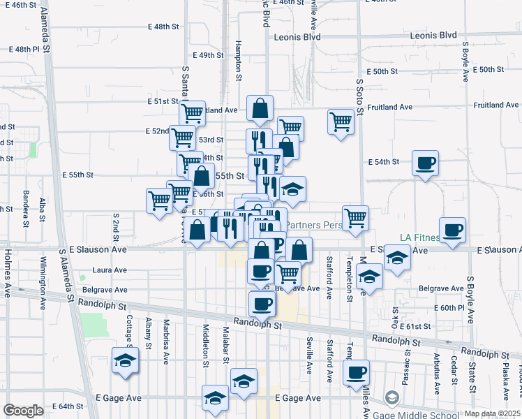 map of restaurants, bars, coffee shops, grocery stores, and more near 5605 Pacific Boulevard in Huntington Park
