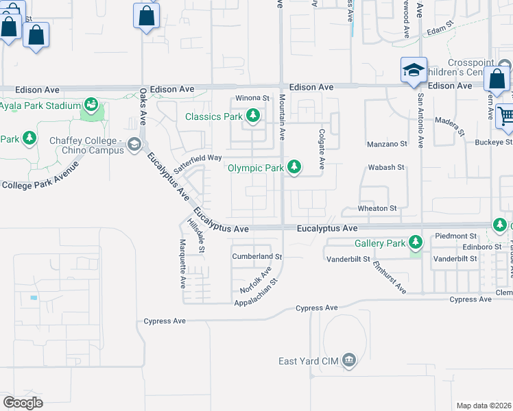 map of restaurants, bars, coffee shops, grocery stores, and more near 6225 Hilbert Street in Chino