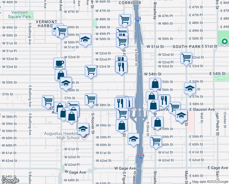 map of restaurants, bars, coffee shops, grocery stores, and more near 534 West 56th Street in Los Angeles