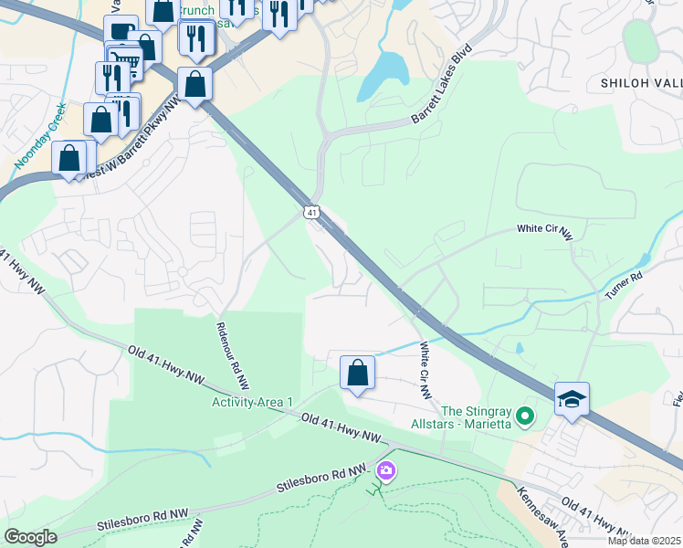 map of restaurants, bars, coffee shops, grocery stores, and more near 1615 Cobb Parkway Northwest in Marietta