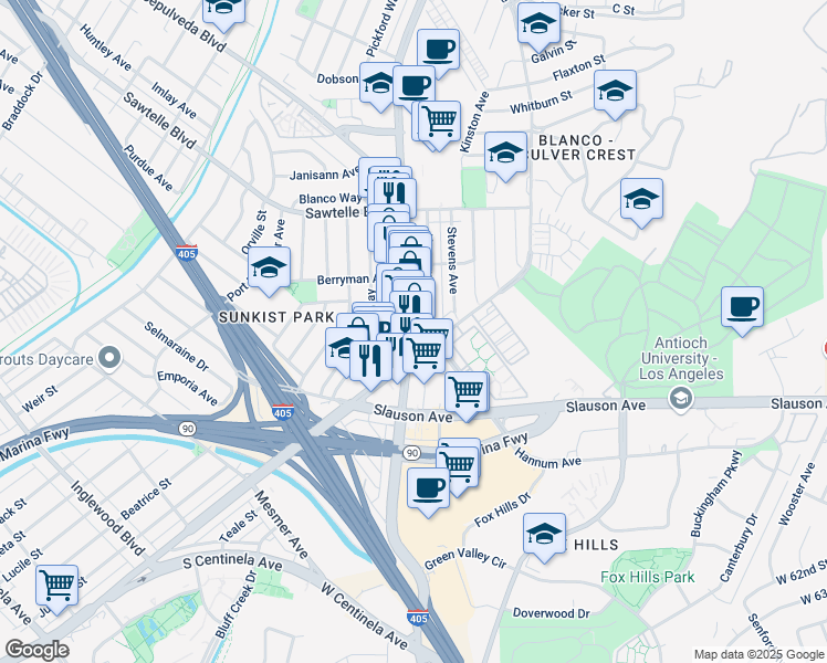 map of restaurants, bars, coffee shops, grocery stores, and more near 5568 Sepulveda Boulevard in Culver City
