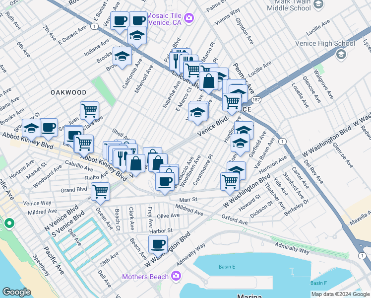 map of restaurants, bars, coffee shops, grocery stores, and more near 2302 Pisani Place in Los Angeles