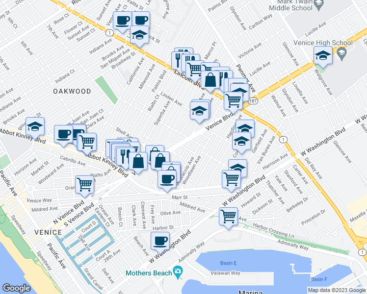 map of restaurants, bars, coffee shops, grocery stores, and more near Pisani Place in Los Angeles