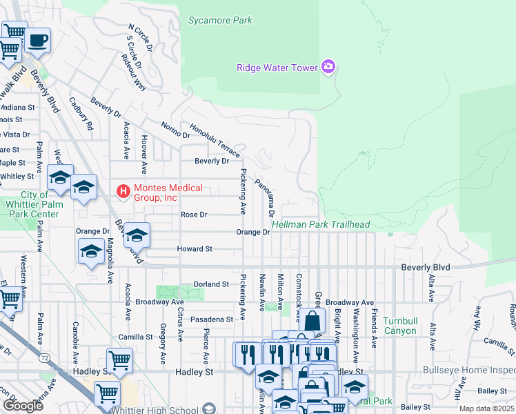 map of restaurants, bars, coffee shops, grocery stores, and more near 5671 Newlin Avenue in Whittier