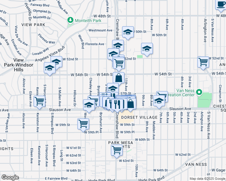 map of restaurants, bars, coffee shops, grocery stores, and more near 5454 South Victoria Avenue in Los Angeles