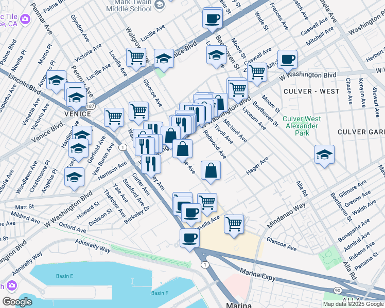map of restaurants, bars, coffee shops, grocery stores, and more near 4050 Glencoe Avenue in Marina del Rey