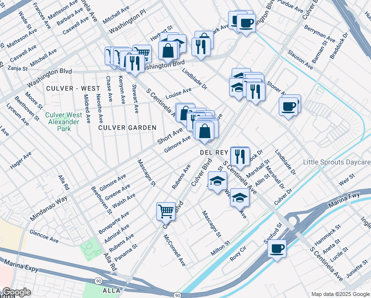 map of restaurants, bars, coffee shops, grocery stores, and more near 12445 Greene Avenue in Los Angeles