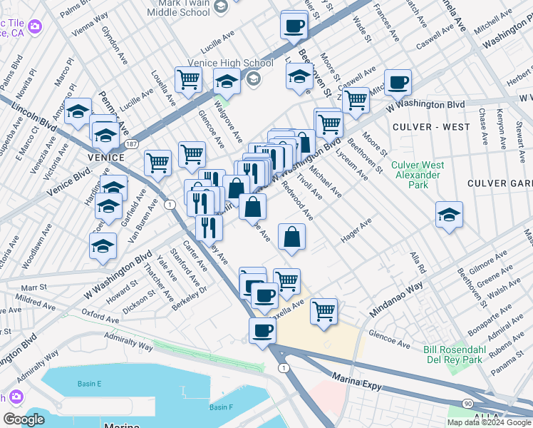 map of restaurants, bars, coffee shops, grocery stores, and more near 4050 Glencoe Avenue in Marina del Rey