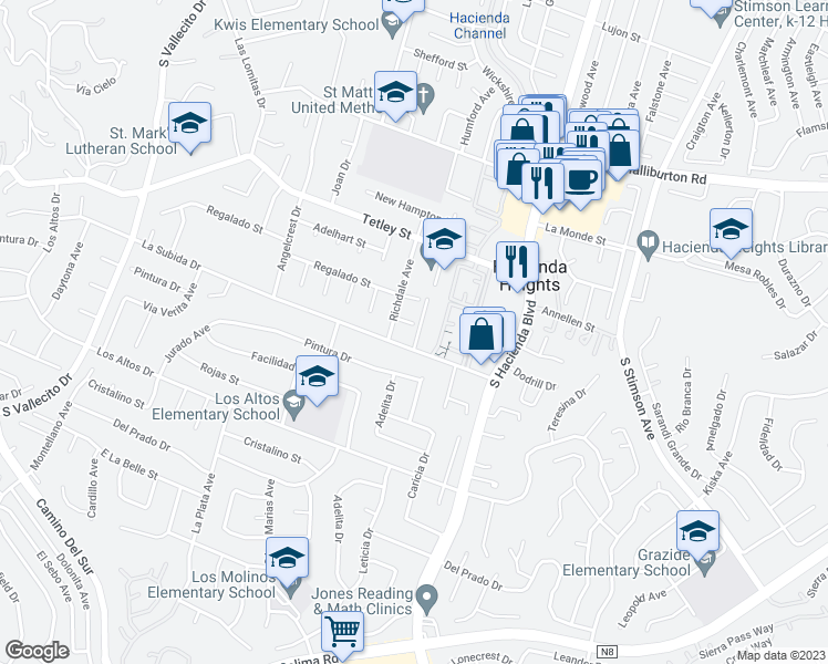 map of restaurants, bars, coffee shops, grocery stores, and more near 15684 Dodrill Drive in Hacienda Heights