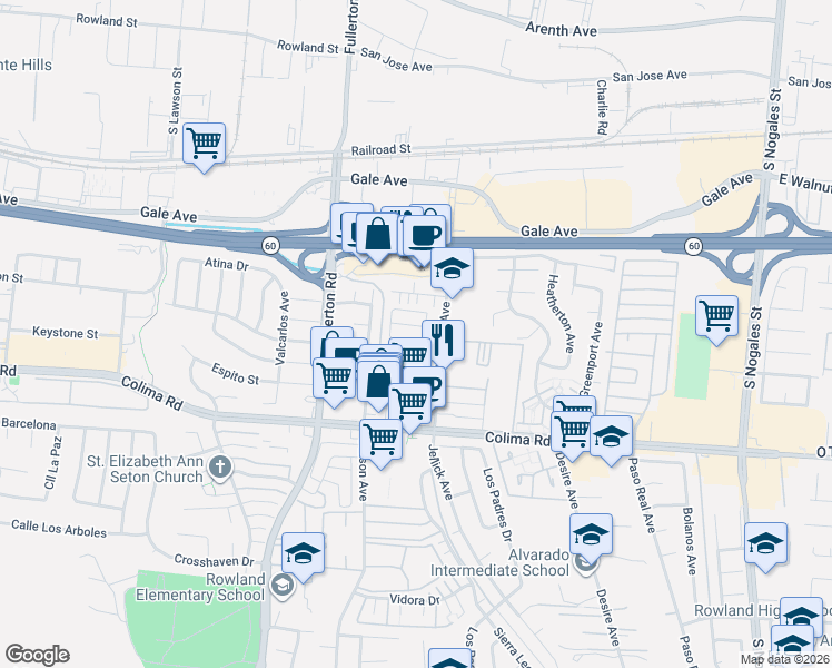 map of restaurants, bars, coffee shops, grocery stores, and more near 18465 Desidia Street in Rowland Heights