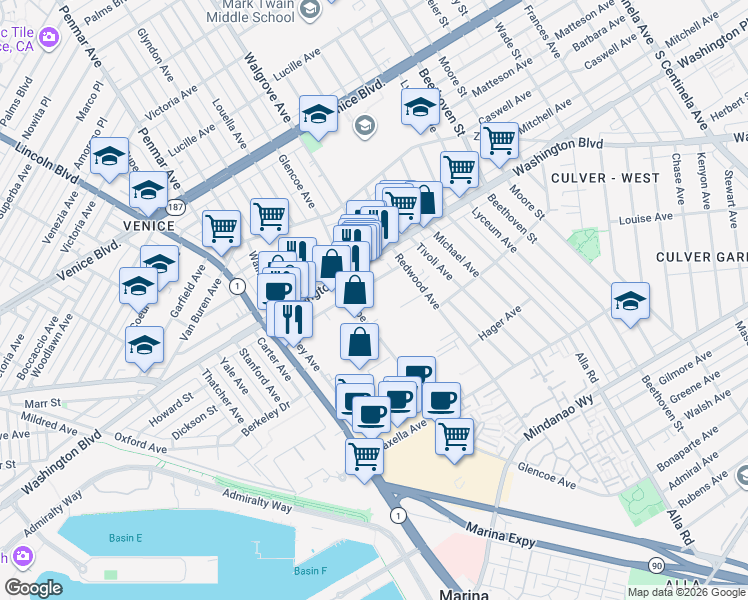map of restaurants, bars, coffee shops, grocery stores, and more near 4050 Glencoe Avenue in Marina del Rey