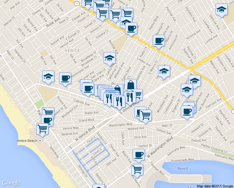 map of restaurants, bars, coffee shops, grocery stores, and more near 1614 Crescent Place in Los Angeles