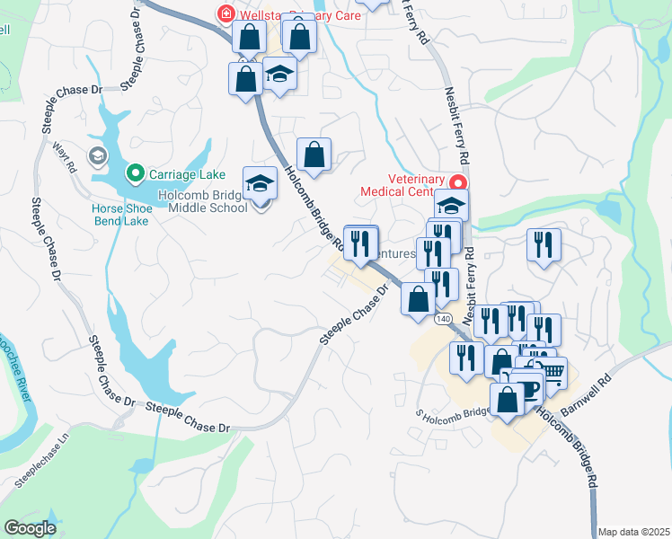 map of restaurants, bars, coffee shops, grocery stores, and more near 2840 Holcomb Bridge Road in Alpharetta