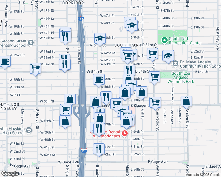 map of restaurants, bars, coffee shops, grocery stores, and more near 204 West 56th Street in Los Angeles