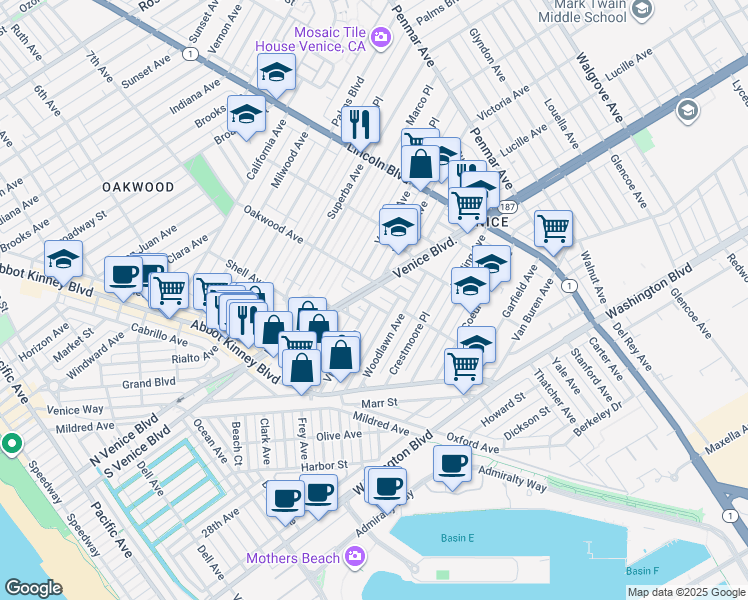map of restaurants, bars, coffee shops, grocery stores, and more near 2302 Pisani Place in Los Angeles