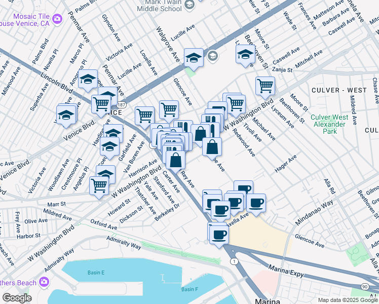 map of restaurants, bars, coffee shops, grocery stores, and more near in Culver City