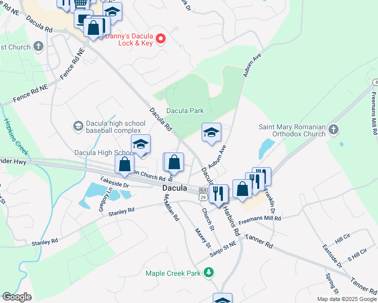 map of restaurants, bars, coffee shops, grocery stores, and more near 164 Dacula Road in Dacula