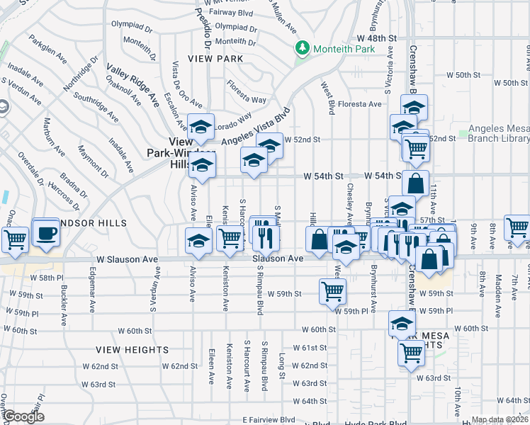 map of restaurants, bars, coffee shops, grocery stores, and more near 5612 South Rimpau Boulevard in View Park-Windsor Hills