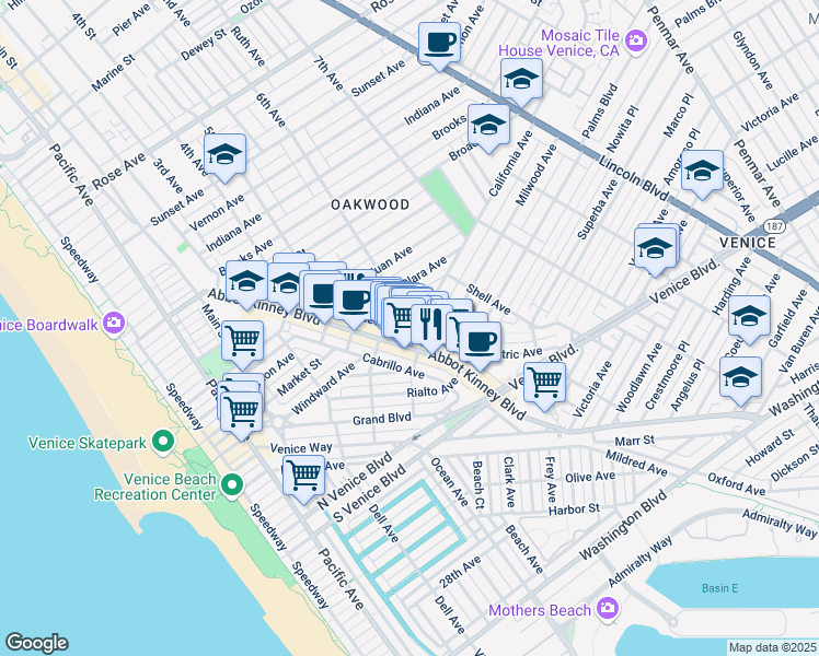 map of restaurants, bars, coffee shops, grocery stores, and more near 530 California Avenue in Los Angeles