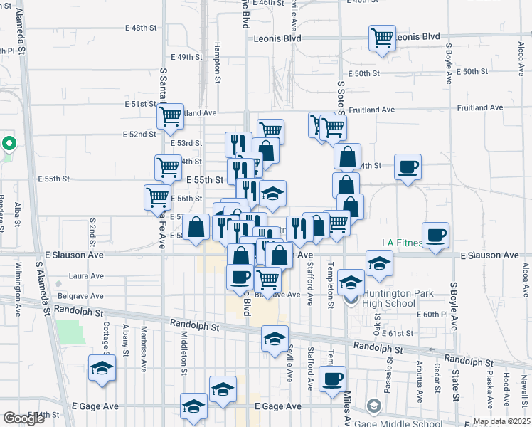 map of restaurants, bars, coffee shops, grocery stores, and more near 2629 East 57th Street in Huntington Park