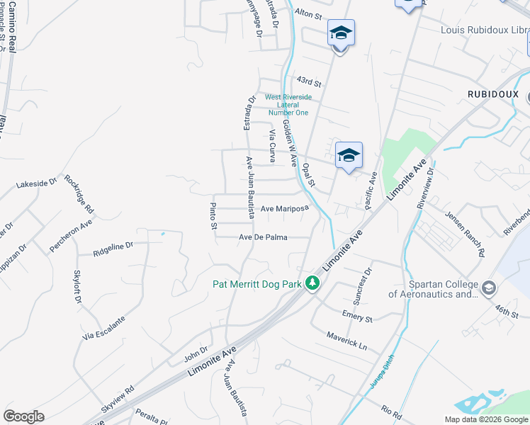 map of restaurants, bars, coffee shops, grocery stores, and more near 6593 Avenue Mariposa in Riverside