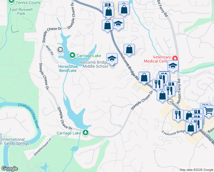 map of restaurants, bars, coffee shops, grocery stores, and more near 710 Wayt Road in Roswell