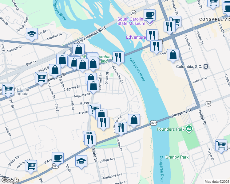 map of restaurants, bars, coffee shops, grocery stores, and more near 204 Augusta Street in West Columbia