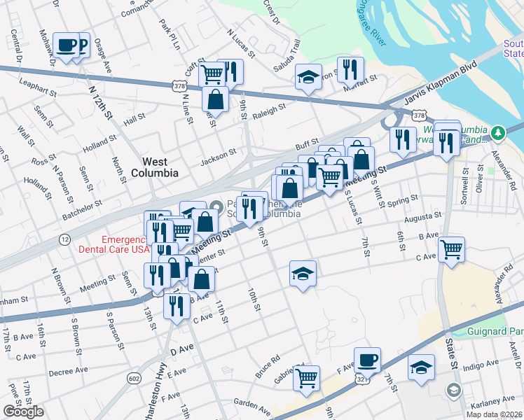 map of restaurants, bars, coffee shops, grocery stores, and more near 840 Meeting Street in West Columbia