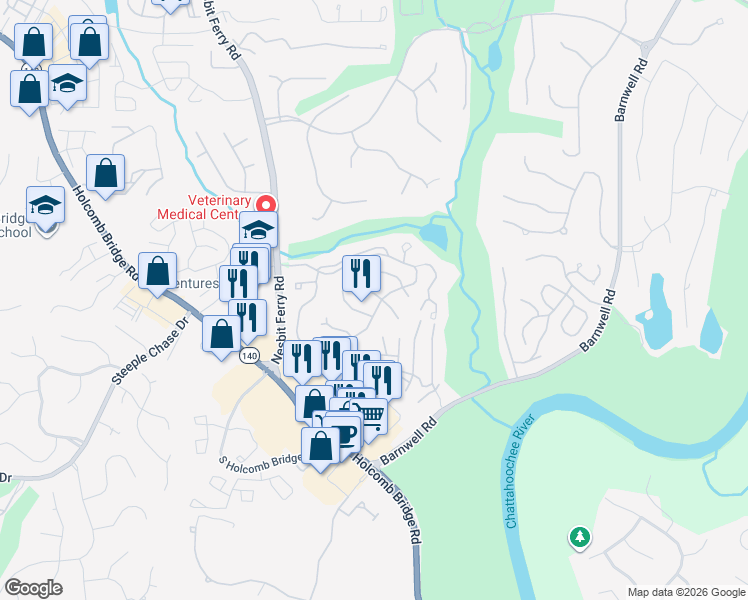 map of restaurants, bars, coffee shops, grocery stores, and more near 200 North Falcon Bluff in Alpharetta