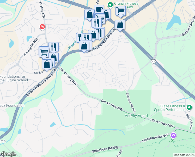 map of restaurants, bars, coffee shops, grocery stores, and more near 1446 Ferocity Ridge Way Northwest in Kennesaw