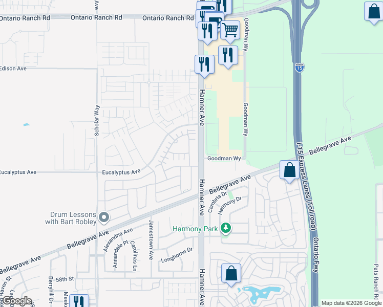 map of restaurants, bars, coffee shops, grocery stores, and more near 69-143 Merrill Avenue in Ontario