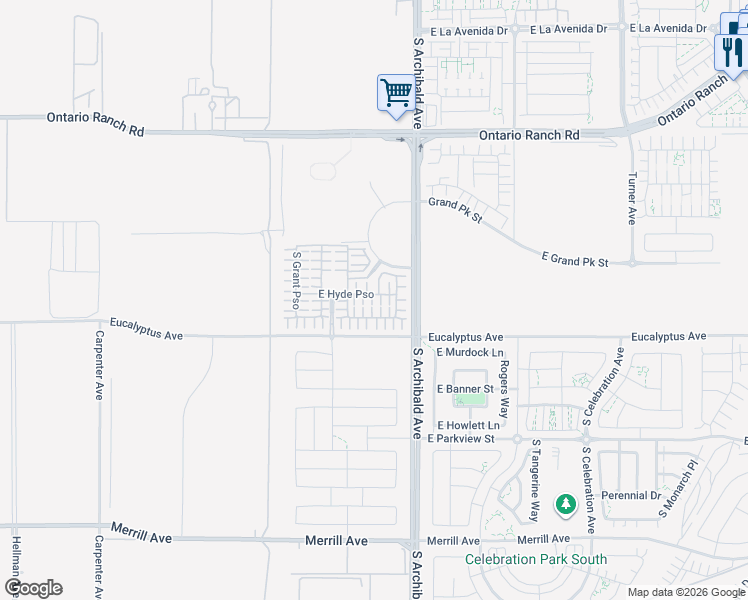map of restaurants, bars, coffee shops, grocery stores, and more near 14516 South Archibald Avenue in Ontario