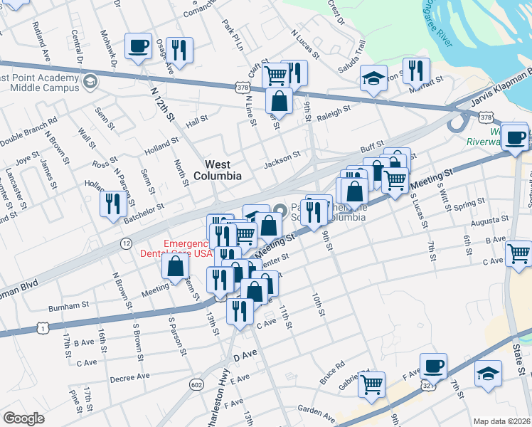 map of restaurants, bars, coffee shops, grocery stores, and more near 1002 Shull Street in West Columbia