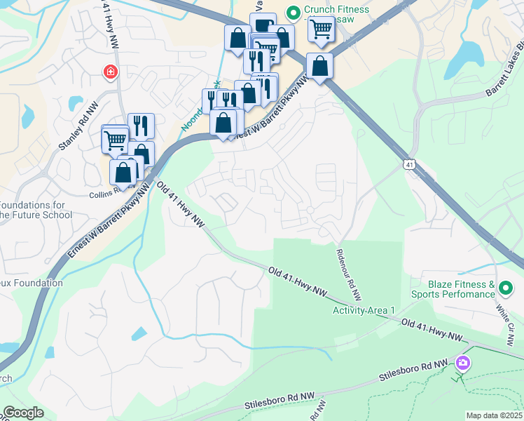 map of restaurants, bars, coffee shops, grocery stores, and more near 1446 Ferocity Ridge Way Northwest in Kennesaw