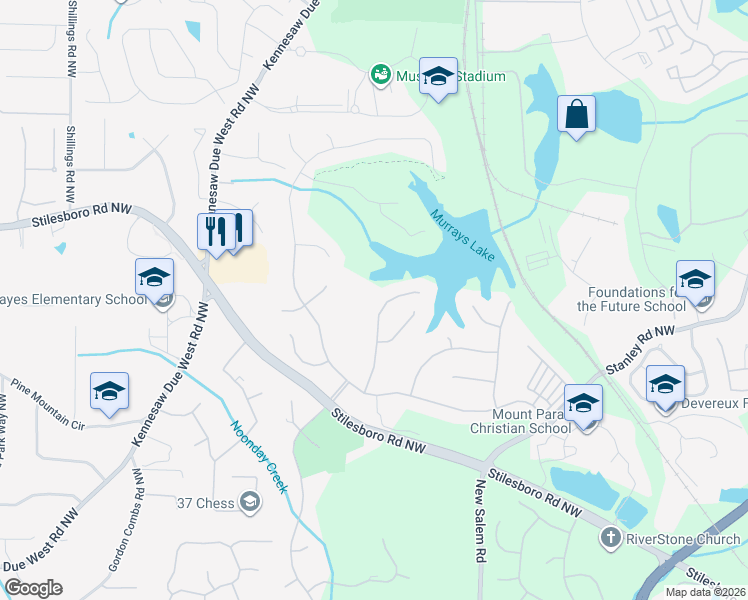 map of restaurants, bars, coffee shops, grocery stores, and more near 1455 Falkirk Lane Northwest in Kennesaw