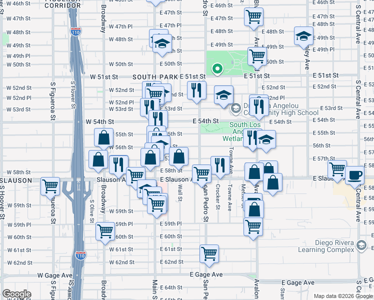 map of restaurants, bars, coffee shops, grocery stores, and more near 214 56th Street in Los Angeles