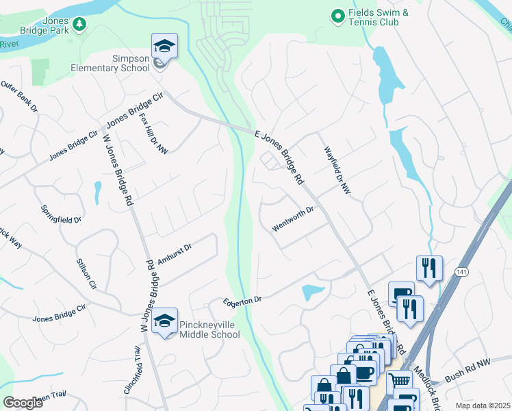 map of restaurants, bars, coffee shops, grocery stores, and more near 4268 Millhouse Lane Northwest in Norcross