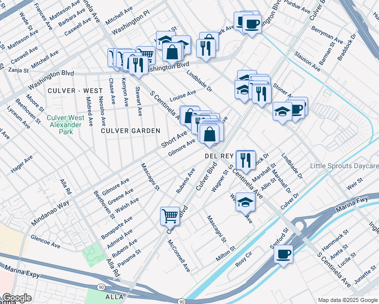 map of restaurants, bars, coffee shops, grocery stores, and more near 12445 Greene Avenue in Los Angeles