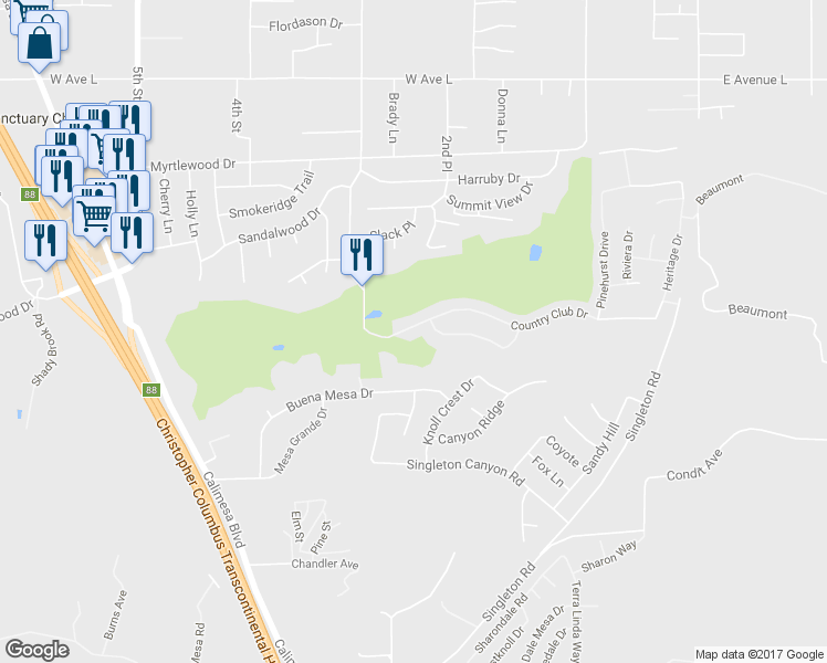 map of restaurants, bars, coffee shops, grocery stores, and more near 293 Country Club Drive in Calimesa
