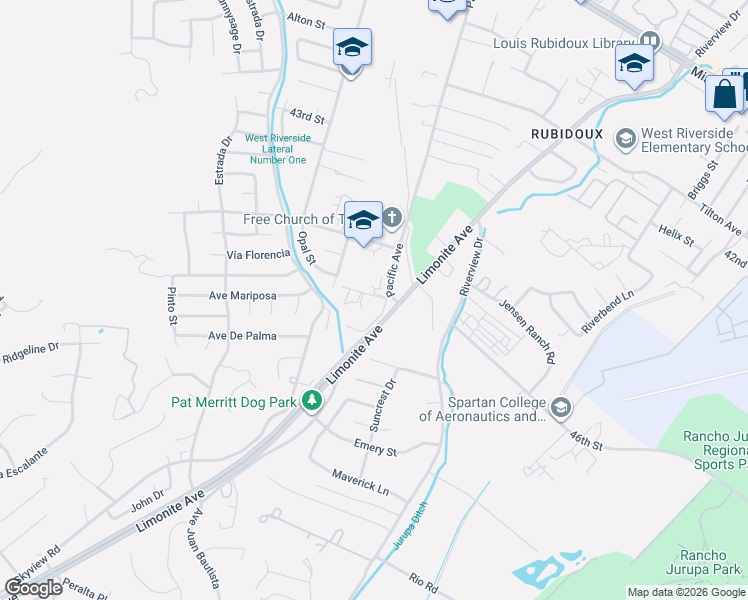 map of restaurants, bars, coffee shops, grocery stores, and more near 4609 Pacific Avenue in Riverside