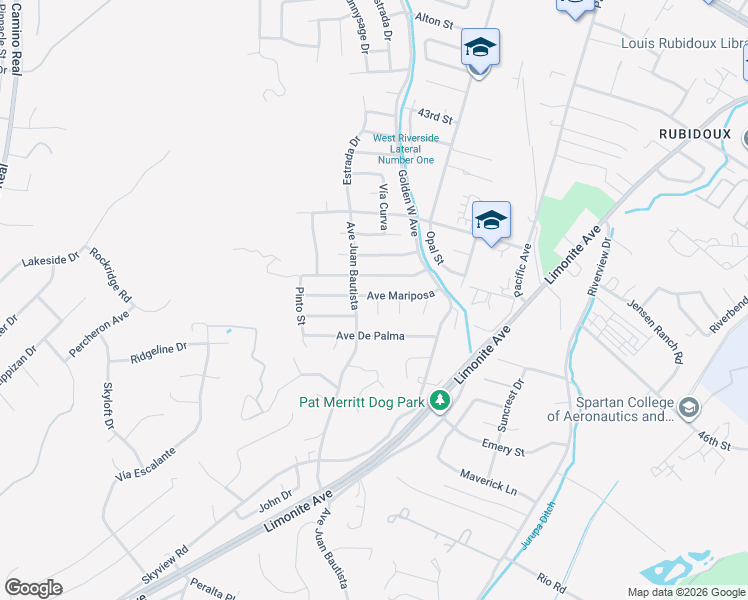 map of restaurants, bars, coffee shops, grocery stores, and more near 6593 Avenue Mariposa in Riverside