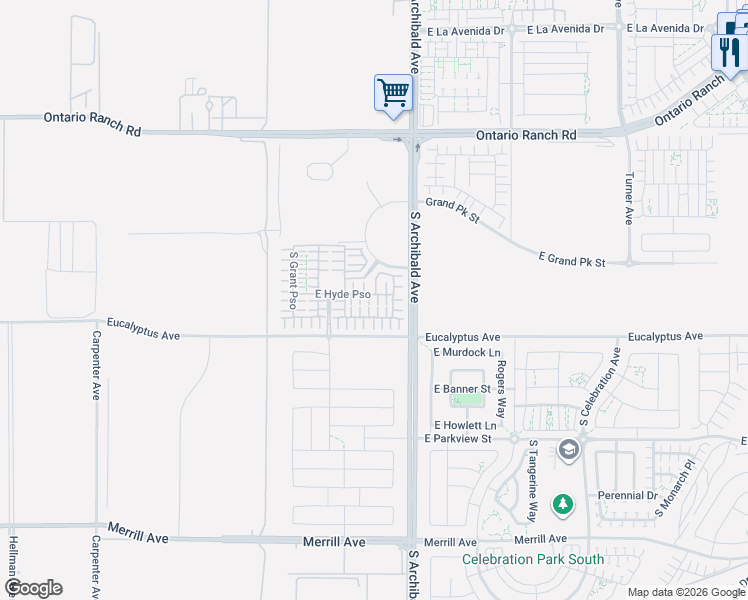 map of restaurants, bars, coffee shops, grocery stores, and more near 14516 South Archibald Avenue in Ontario