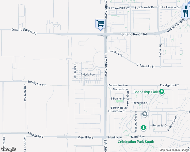 map of restaurants, bars, coffee shops, grocery stores, and more near 14516 South Archibald Avenue in Ontario